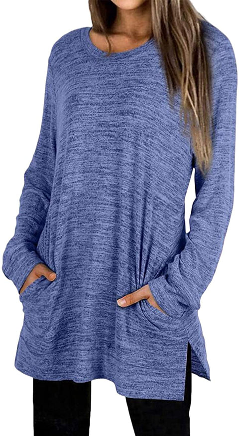 Women Loose Side Split Tunic T Shirt Casual Long Sleeve Sweatshirt Top with Pockets