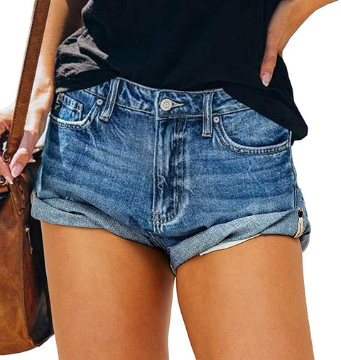 Karlywindow Women's Ripped Jean Shorts Mid Rise Stretchy Frayed Raw Folded Hem Casual Denim Shorts