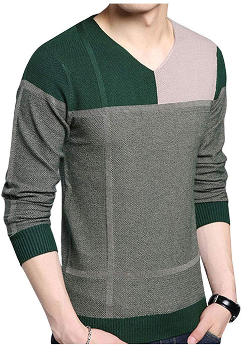 Men's Casual V Neck Pullover Sweater Classic Color Block Long Sleeve Knit Shirt