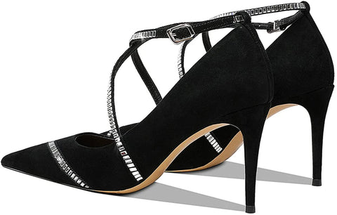FSJ Women's Pointed Toe High Heels Pumps Crisscross Strappy Crystal Rhinestones Pumps Ladies Ankle Buckle Strap Dress Party Shoes Size 4-15 US