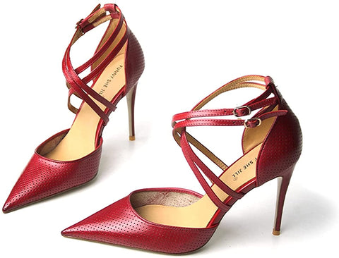 FSJ Women High Heel Stiletto Ankle Strap Sandals Pointed Toe Hollow Pumps Genuine Leather Dress Shoes Cross Strips Buckle Shoes