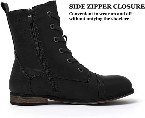 Katliu Women's Combat Boots Lace up Military Ankle Boots Side Zipper Round Toe Booties