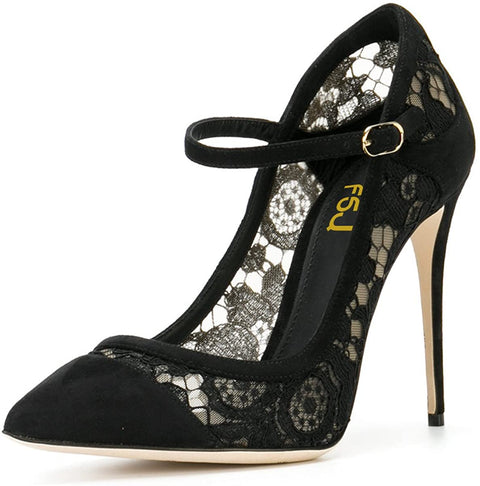 FSJ Women Sexy Black Lace Pumps Pointed Toe High Heels Mary Jane Stilettos Party Shoes Size 4-15 US