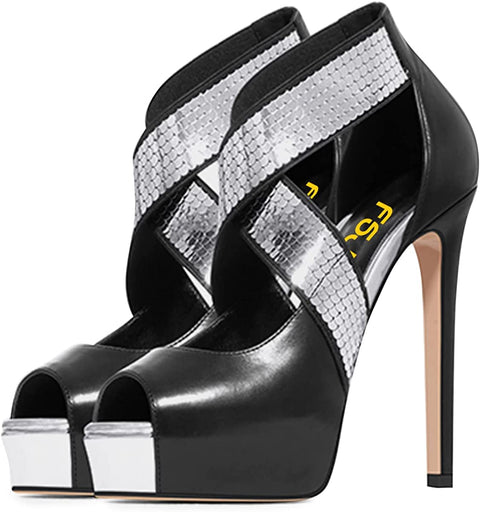 FSJ Women's Sexy Cross Strappy High Platform Stiletto Heels Dress Pumps Peep Toe High Heels Party Heeled Sandals with Silver Sparkle Shoes Size 4-15 US