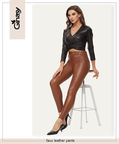 Ginasy Brown Leather Pants for Women Stretchy Dressy Pleather Leggings for Tummy Control
