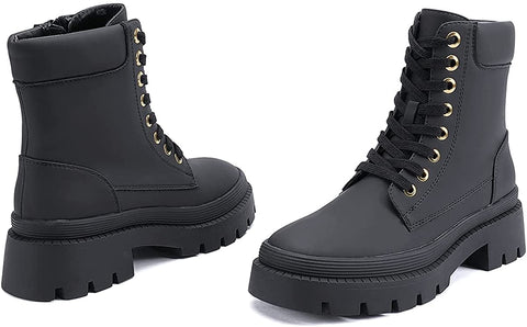 EETTARO Women's Lace Up Ankle Boots Low Heel Military Combat Booties Ladies Mid Calf Work Shoes