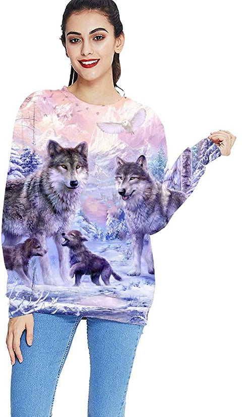 Wolf Sweatshirt Hoodie Women Animal Wolves Print Long Sleeve Casual Pullover