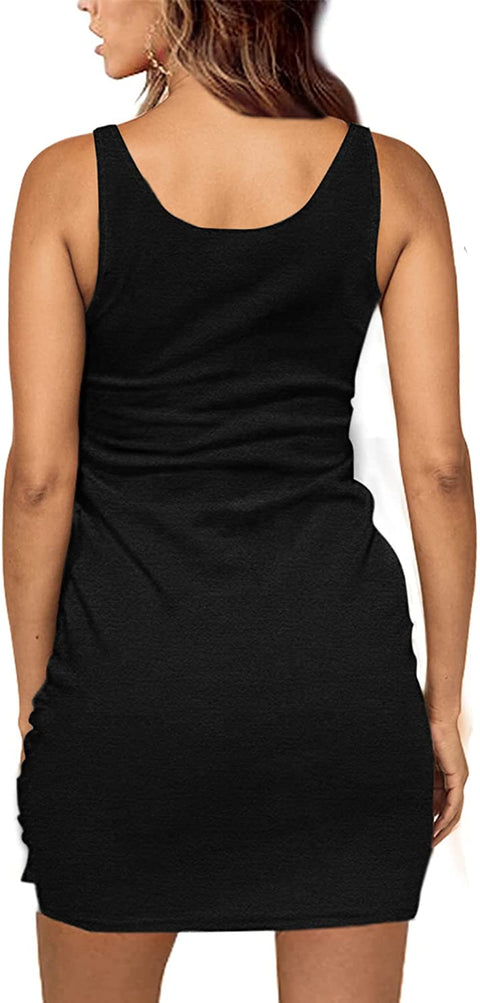 Women Sleeveless Ruched Tie Waist Sundress Tank Bodycon Mini Dress Basic Party Club Shirt Dress