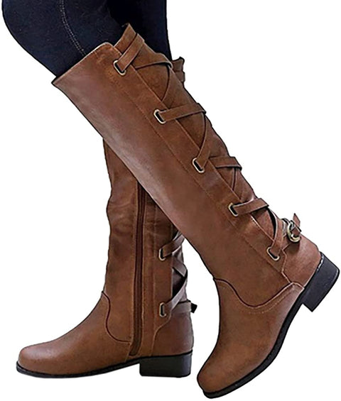 Ruanyu Womens Winter Knee High Boots Riding Strappy Lace Up Low Heel Combat Boots Brown