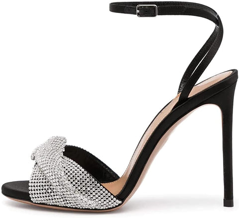 FSJ Women Floral Open Toe Bowknot Stylish Stiletto High Heel Sandals Adjustable Ankle Strap Buckle Pumps Fashion Rhinestones Studded Slingback Wedding Prom Shoes Size 4-15 US