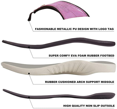 Flip Flops for Women with Arch Support - Memory Foam Flip Flop Thong Sandals Orthotic Sandal for Women with Non-Slip Rubber Sole and Metallic PU Leather Straps