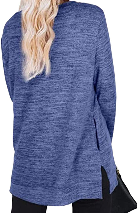 Women Loose Side Split Tunic T Shirt Casual Long Sleeve Sweatshirt Top with Pockets