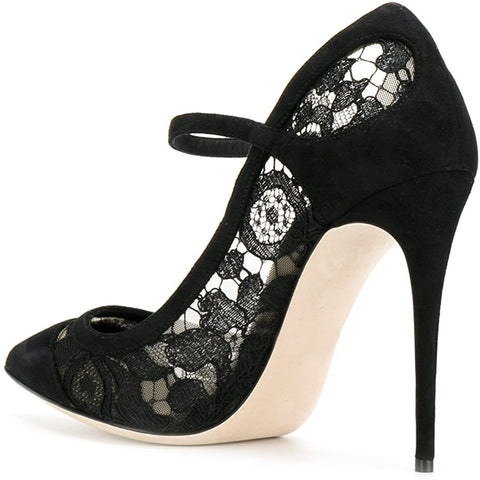 FSJ Women Sexy Black Lace Pumps Pointed Toe High Heels Mary Jane Stilettos Party Shoes Size 4-15 US