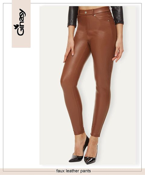 Ginasy Brown Leather Pants for Women Stretchy Dressy Pleather Leggings for Tummy Control