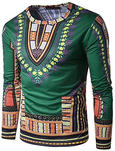 Men's Long Sleeve Causal Dashiki Blouse Slim Fit African Printed Tee Shirt