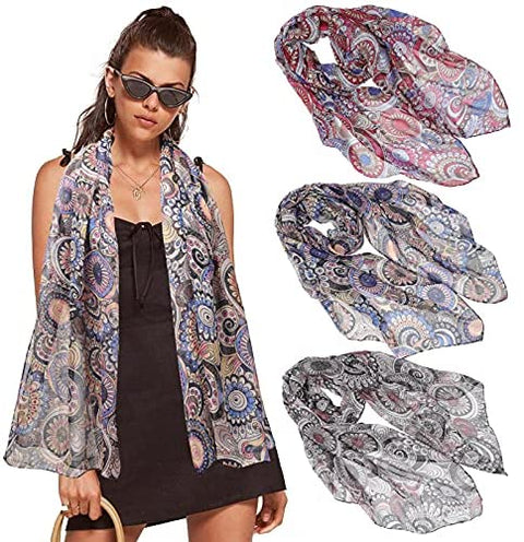Women Floral Sheer Scarf Shawl - 3PCS Lightweight Scarfs Shawl Wrap Scarves Thin Scarfs for Women Soft Long Scarf