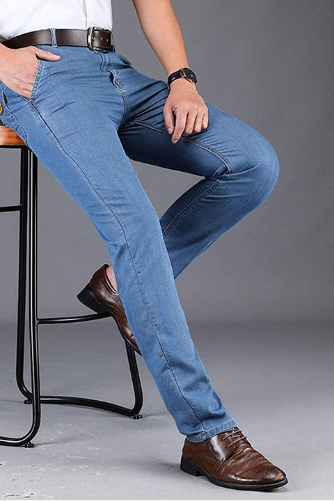 Men's Summer Thin Stretch Relaxed Straight Leg Casual Mid Waist Business Denim Pants