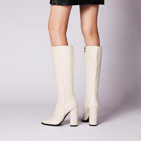 WAYDERNS Women's Solid Microfiber Round Toe Zip Thick Block High Heel Knee High Boots 4 Inch