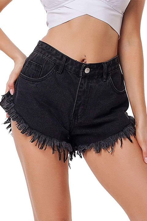 Women's Solid Summer Frayed Hem Casual High Waist Denim Shorts