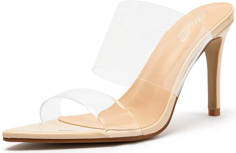 Katliu Women's Clear Pointed Toe Heels Sandals Transparent Strap Stiletto High Heels Slip on Mules Heeled Sandals