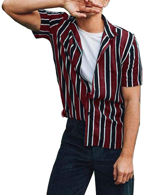 Men's Striped Turndown Collar Short Sleeve Casual Fitted Shirts