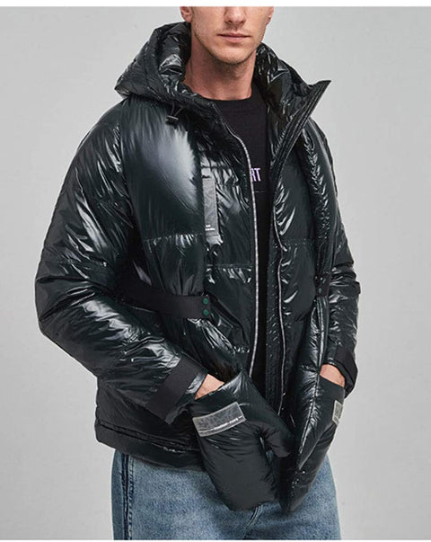 Men's Winter Warm Shinny Puffer Coat Lightweight Full Zip Up Hooded Down Jacket