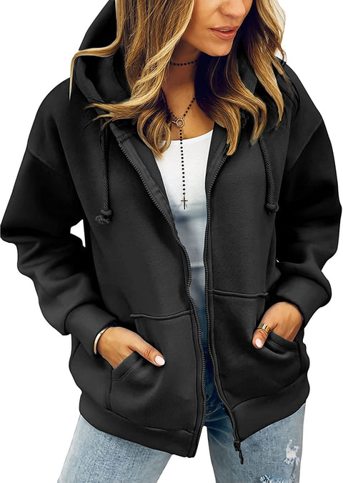 Zwurew Women Long Sleeve Full Zip Up Fleece Hoodies Oversized Casual Sweatshirts Drawstring Jacket with Pockets