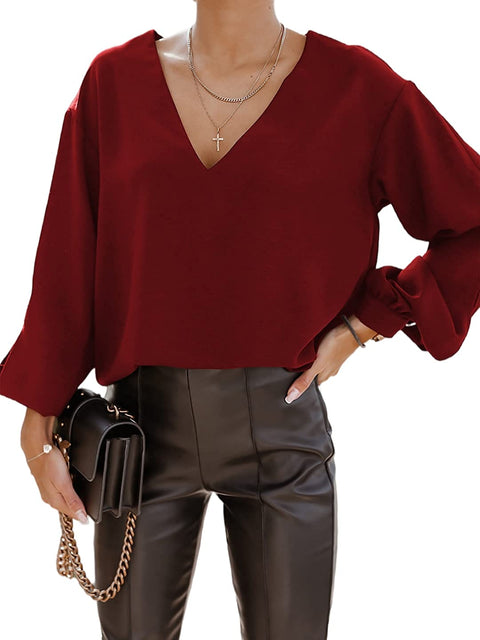 Zwurew Women's V-Neck Long Sleeves Elegant Blouse Solid Casual Office Workwear Basic Tunic Tops