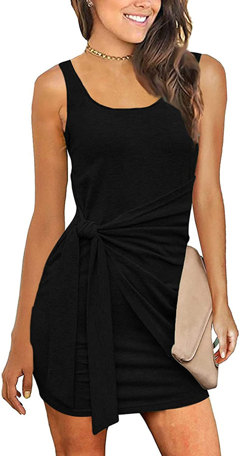 Women Sleeveless Ruched Tie Waist Sundress Tank Bodycon Mini Dress Basic Party Club Shirt Dress