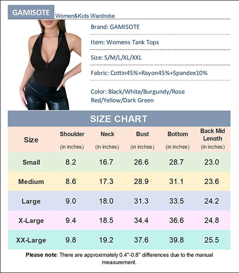 GAMISOTE Womens Deep V Neck Tank Tops Ribbed Halter Zip Up Slim Fit Shirts Sexy Clubwear