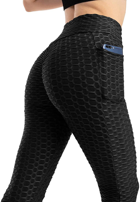 Women's Bubble Hip Butt Lifting High Waist Leggings Honeycomb Textured Tummy Control Yoga Pants Pocket Sport Tights
