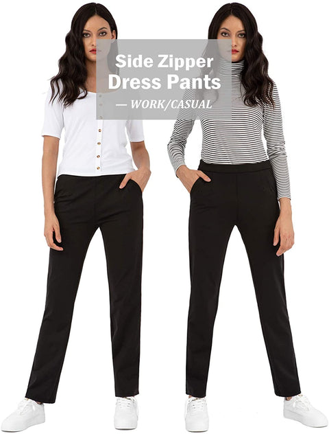 Womens Casual Pants for Work Side Zipper with Pleated Pockets Straight Leg
