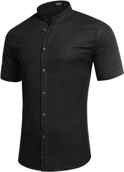 Men's Casual Cotton Shirts Mandarin Collar Short Sleeve Button Down Shirt