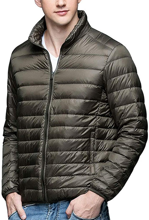 Men's Stand Collar Lightweight Long Sleeve Zip Warm Solid Down Jackets Fashion Coat