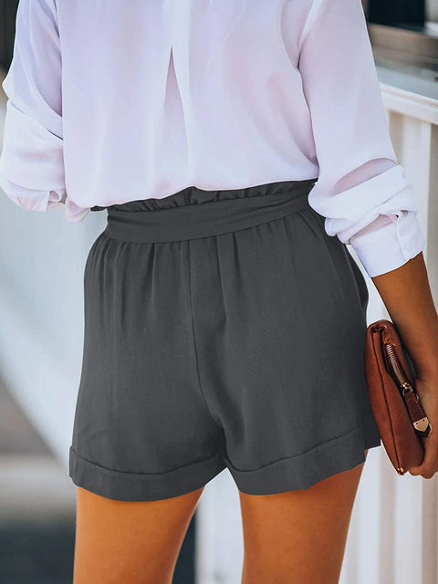 Womens Cotton Linen High Waisted Paper Bag Shorts Lightweight Summer Beach Lounge Shorts with Pockets