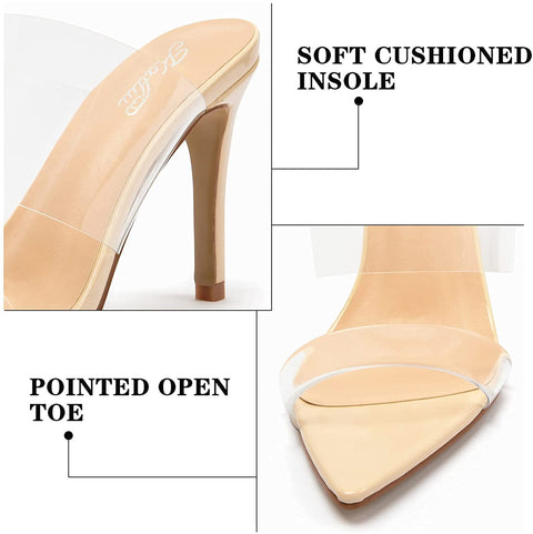 Katliu Women's Clear Pointed Toe Heels Sandals Transparent Strap Stiletto High Heels Slip on Mules Heeled Sandals