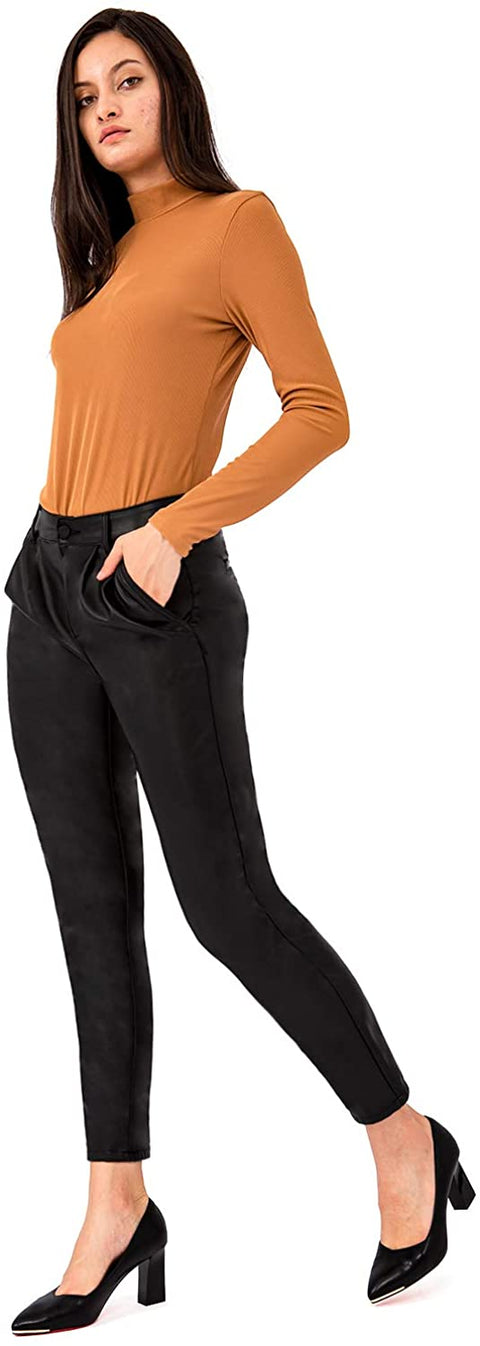 Leather Pants Women Faux Leggings Skinny Stretch Soft Pants with Pockets Work Casual Pants