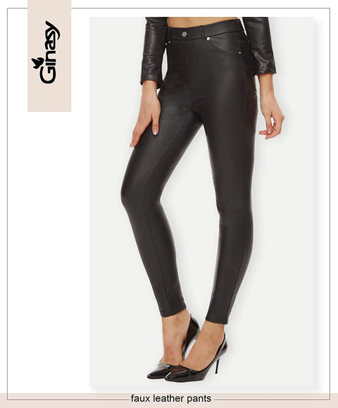 Ginasy Faux Leather Pants for Women High Waisted Stretch Pleather Leggings with Pockets