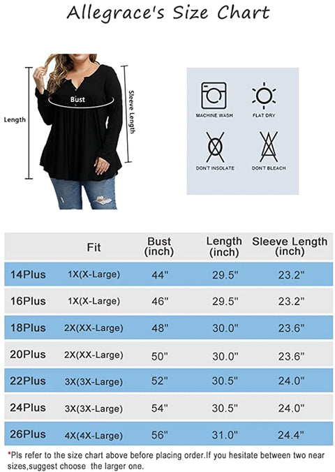Women's Plus Size Tunics Button Up Henley V Neck Tops Pleated Long Sleeve Tunic Shirts