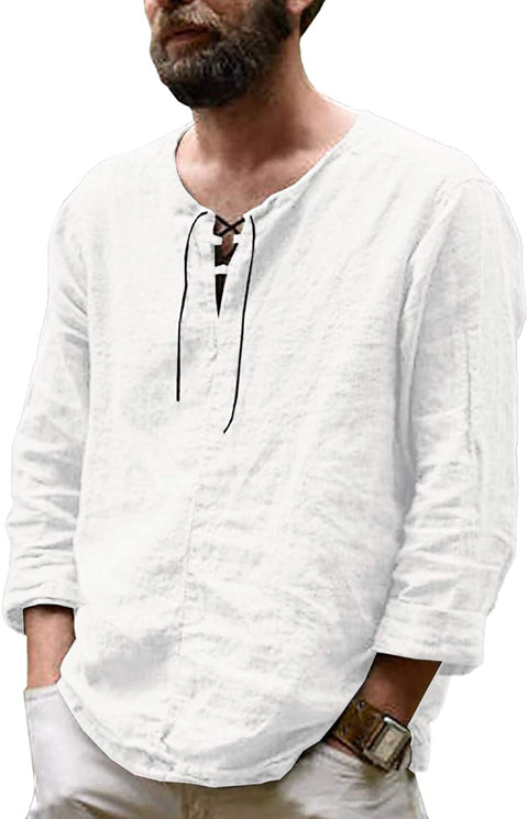 Men's Cotton Linen Henley Shirt Long Sleeve Drawstring Casual V Neck Lace-Up Plain Tops