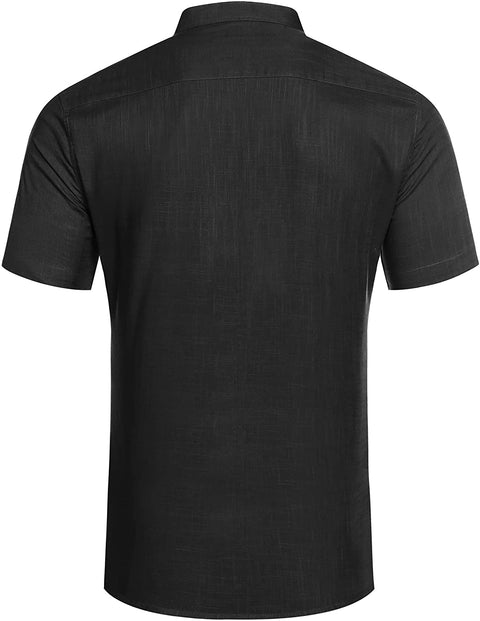 Men's Casual Cotton Shirts Mandarin Collar Short Sleeve Button Down Shirt