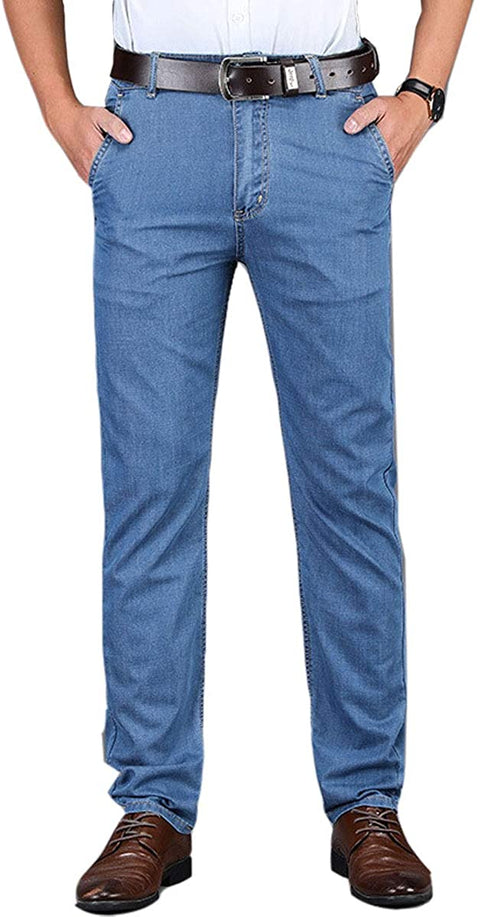 Men's Summer Thin Stretch Relaxed Straight Leg Casual Mid Waist Business Denim Pants