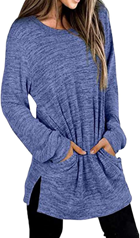 Women Loose Side Split Tunic T Shirt Casual Long Sleeve Sweatshirt Top with Pockets