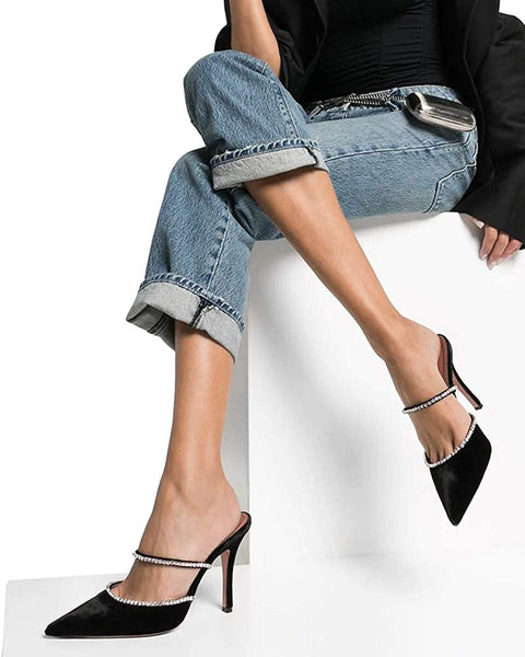 FSJ Women Sexy Rhinestone Slide Mules Pumps Pointed Strappy High Heels Sandals for Party Evening Shoes