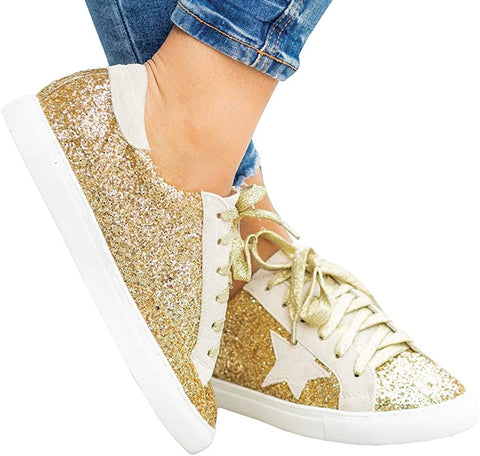 Womens Fashion Star Sneakers Lace Up Platform Glitter Low Top Comfort Walking Running Shoes