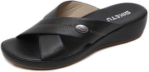 Women's Wedge Sandals Comfortable Soft Leather Platform Shoes Summer Outdoor Open Toe Cross-Strap Slide Sandal