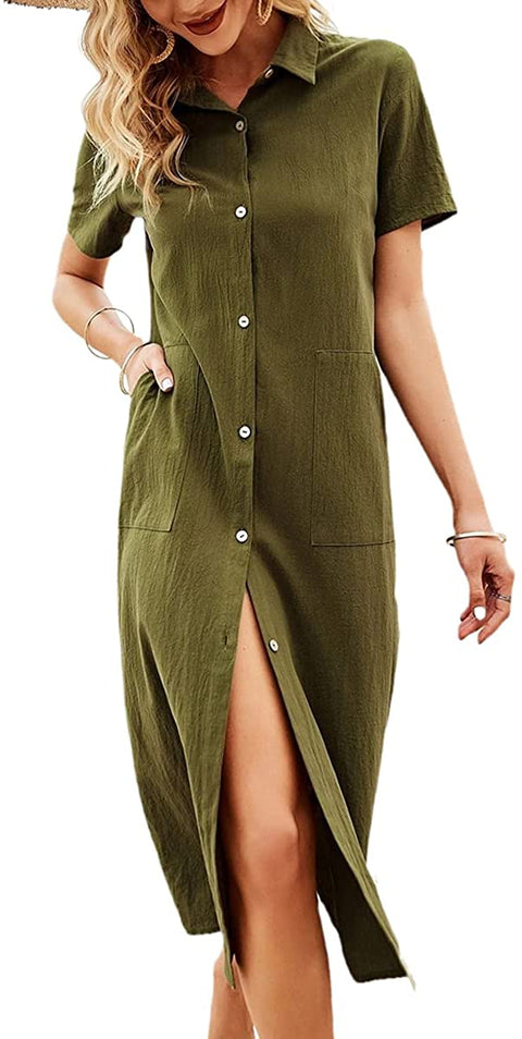 Women's Lapel Short Sleeve Summer Dress Solid Button Cardigan T-Shirts Casual Midi Dresses with Pocket
