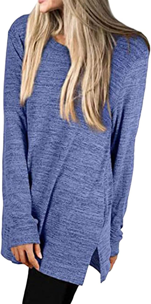 Women Loose Side Split Tunic T Shirt Casual Long Sleeve Sweatshirt Top with Pockets