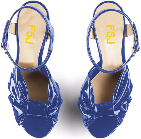 FSJ Women Platform Chunky High Heels Dress Sandalsl Ankle Strap Bowtie Peep Toe Heeled Pump Sandals Wedding Party Evening Shoes Size 4-15 US