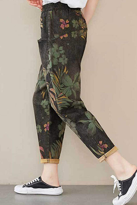 Women's Summer Oversized Retro Floral Printed Washed Literature Harlan Denim Jeans